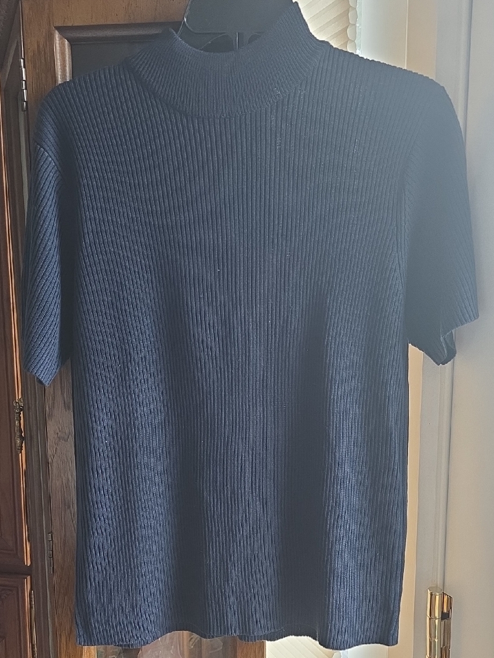Ribbed Short-Sleeve Mock Neck Top - Navy